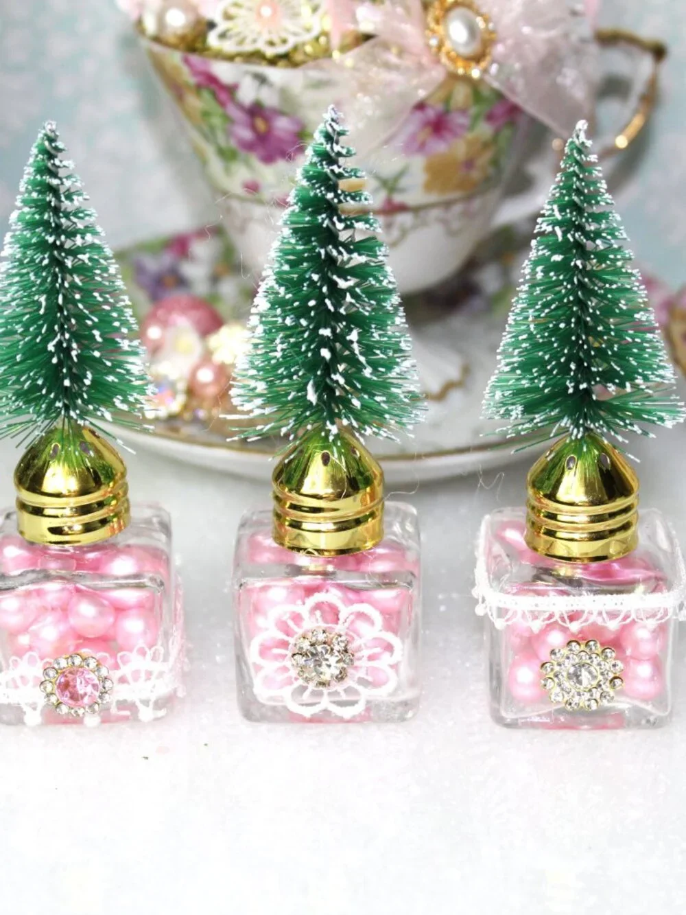 Shabby Chic Pink Christmas Bottle Brush Tree Set - Vintage Style - Salt & Pepper